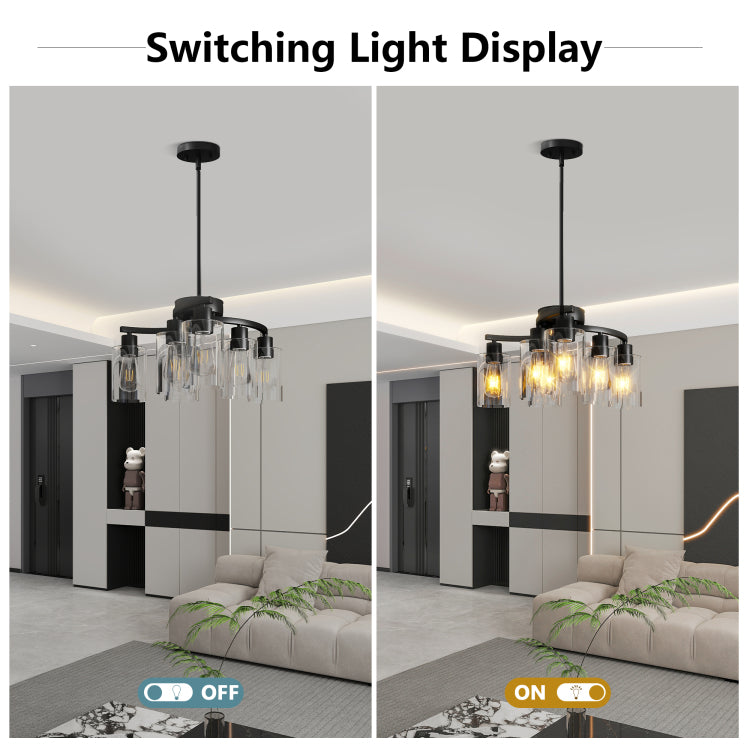 6 Light Modern Farmhouse Black Chandelier, Contemporary Dining Room Light Fixture, Adjustable Height Hanging Industrial Pendant Lights Kitchen Island, Clear Glass Shade