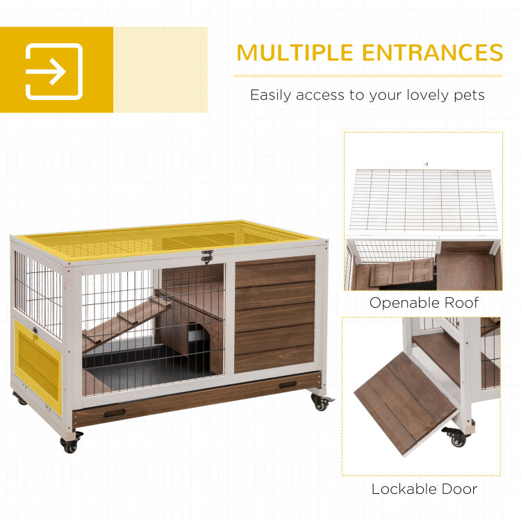 Pawhut Wooden Rabbit Hutch Indoor Outdoor, Elevated Bunny Cage With No Leak Tray Enclosed Run With Wheels, Ideal For Guinea Pigs And Small Animals, Brown