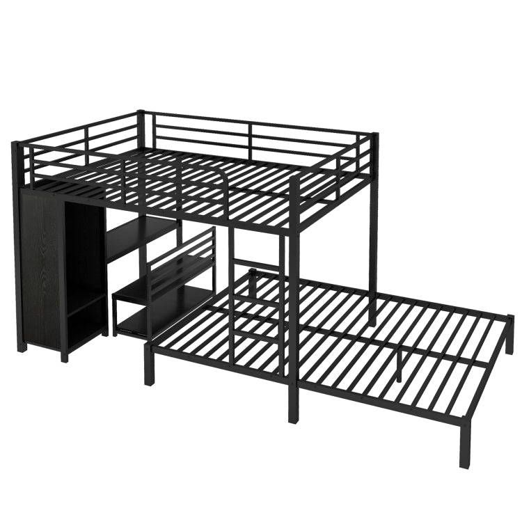 Queen Over Queen Size Bunk Bed Frame With Built In Wardrobe, Metal Bunk Bed With Desk And Storage Chairs, Black