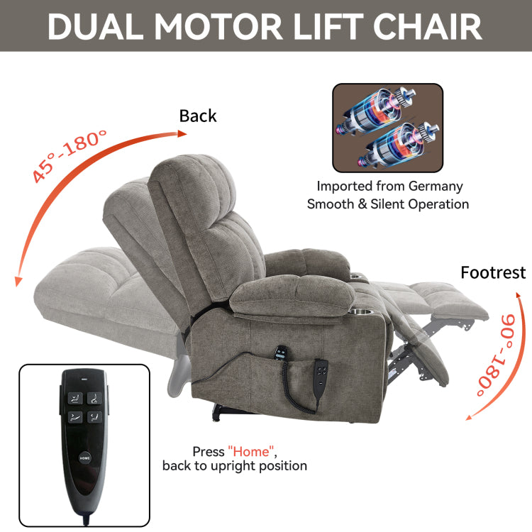 Brown Dual Motor Infinite Position Up To 350 Lbs Chenille Power Lift Recliner Chair, Heavy Duty Motion Mechanism With 8 Point Vibration Massage And Lumbar Heating, Dual Cup Holders