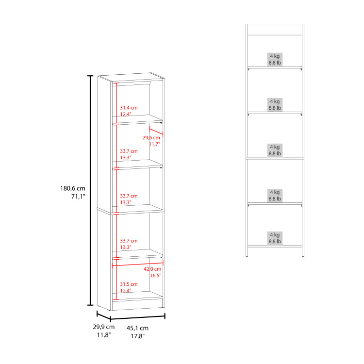 Home Slim 5 Shelves Narrow Bookcase With Open Shelves, Stained Walnut