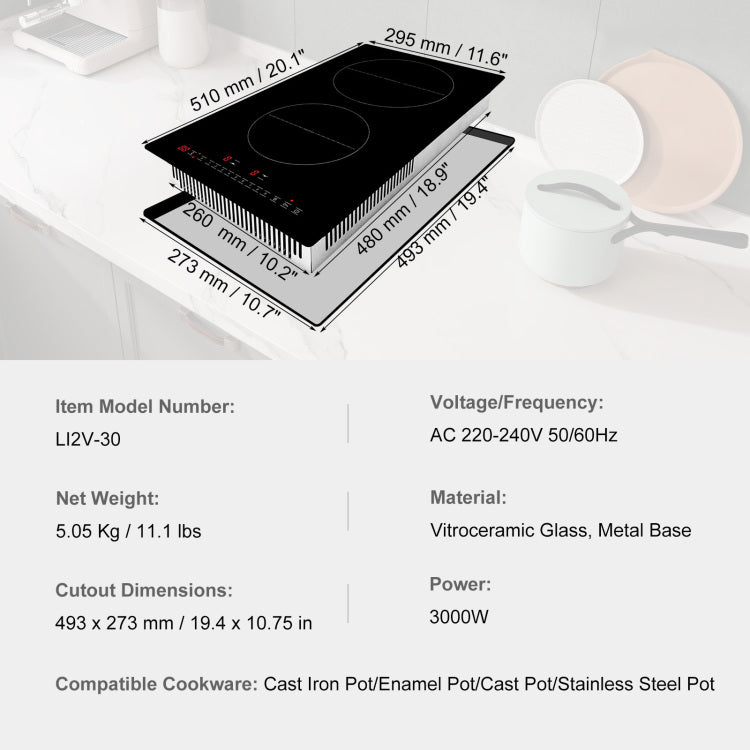 Electric Cooktop, 2 Burners, 12'' Induction Stove Top, Built In Magnetic Cooktop 3000W, 9 Heating Level Multifunctional Burner, Led Touch Screen W Child Lock & Over Temperature Protection