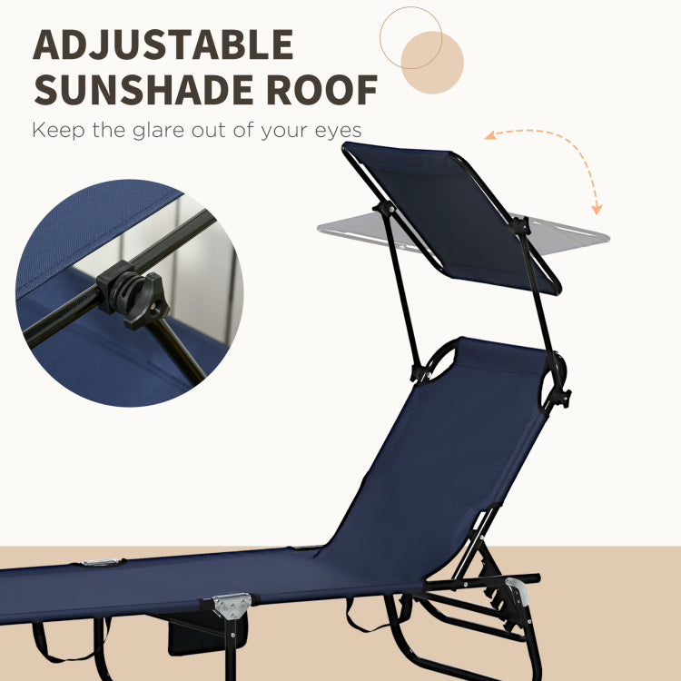 Outsunny Folding Chaise Lounge Pool Chairs, Outdoor Sun Tanning Chairs With Canopy Shade, Reclining Back, Steel Frame And Side Pocket For Beach, Yard, Patio, Dark Blue