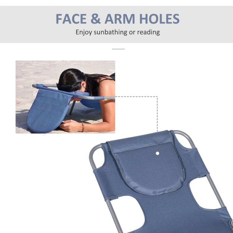 Outsunny Folding Beach Lounge Chair With Face Hole And Arm Slots, 5 Level Adjustable Sun Lounger Tanning Chair With Pillow For Patio, Garden, Beach, Pool, Gray