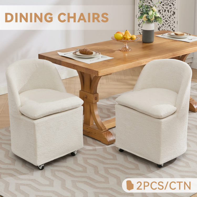 058 Set Of 2 Chenille Fabric Dining Chairs With Universal Wheels,Beige