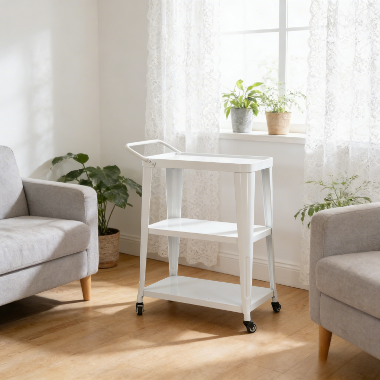 3 Tiered Metal Frame, Industrial Dining Cart With Swivel Wheels, White