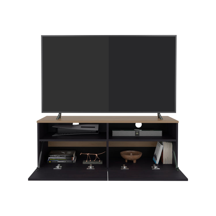 Colman Modern Tv Stand With Open Shelves And Compact Profile, Minimalist Media Console For Living Room Or Bedroom, Black Natural Oak