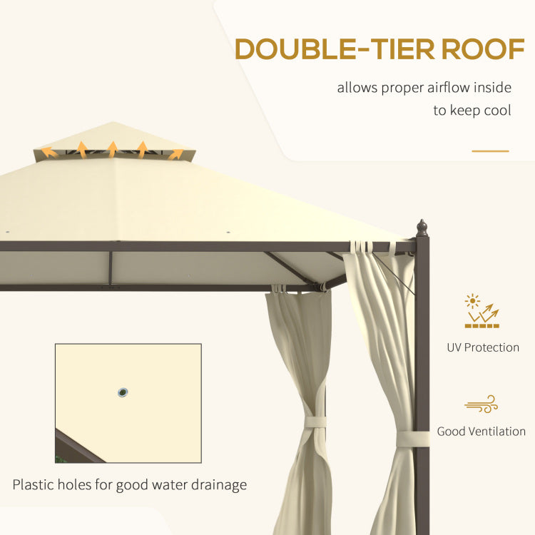 Outsunny 10' X 12' Steel Outdoor Patio Gazebo With Polyester Privacy Curtains, Two Tier Roof For Air, Large Design