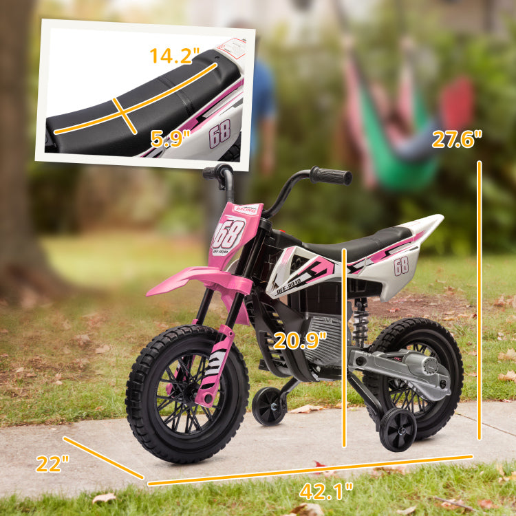 Qaba Kids Dirt Bike With Twist Grip Throttle, 12V Electric Motorcycle, Electric Bike For Toddler With Training Wheels, Rear Suspension & Music For Ages 3 6 Years, Pink