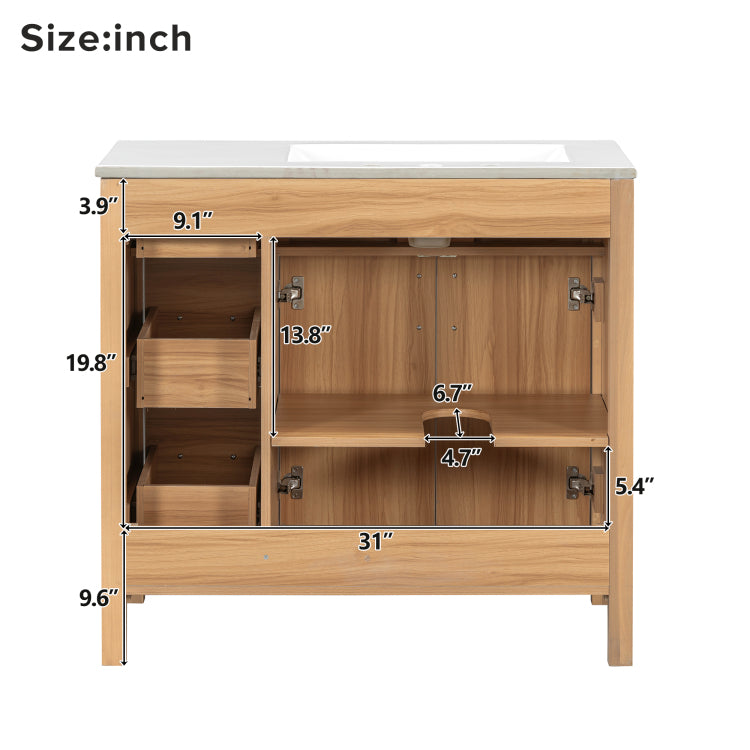36" Wood Bathroom Vanity With Solid Wood Frame, 2 Soft Close Doors, 3 Soft Close Drawers, Adjustable Shelf, Modern Storage Cabinet For Small Bathrooms