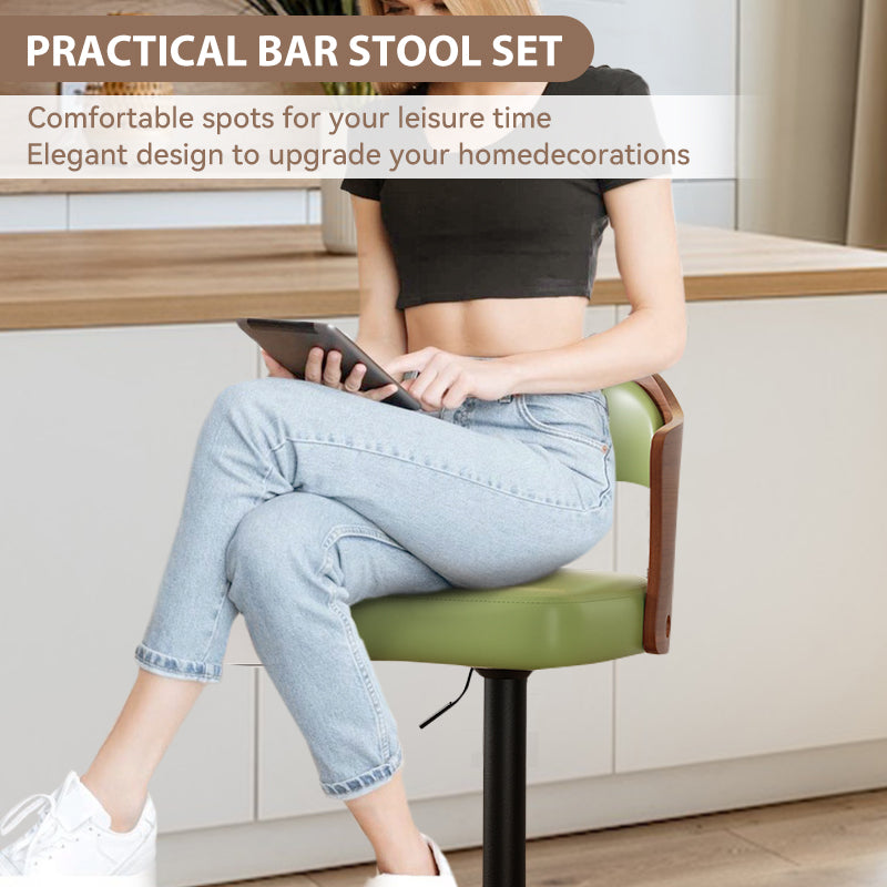 Swivel Bar Stools Set Of 2 Seat Adjustable Height 24.5 33.5In, Wooden Barstools Pu Leather Upholstered Bar Chairs With Back & Footrest For Bar Kitchen Dining Room Green