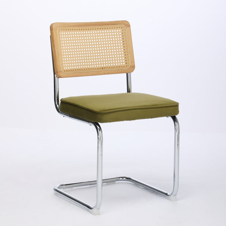 Mid Century Modern Dining Chairs Set Of 2, Velvet Accent Chairs With Natural Cane Back & Stainless Chrome Base, Famous Breuer Designed Chairs, Upholstered Rattan Kitchen Chairs,Olive Green