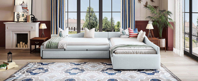 Upholstered Double Twin Size Daybed With Trundle And Drawer, Beige