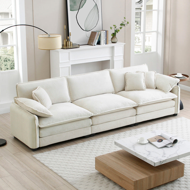 Mid Century Modern 3 Seater Sectional Sofa With 2 Arm Pillows And 3 Throw Pillows, Beige Corduroy Fabric
