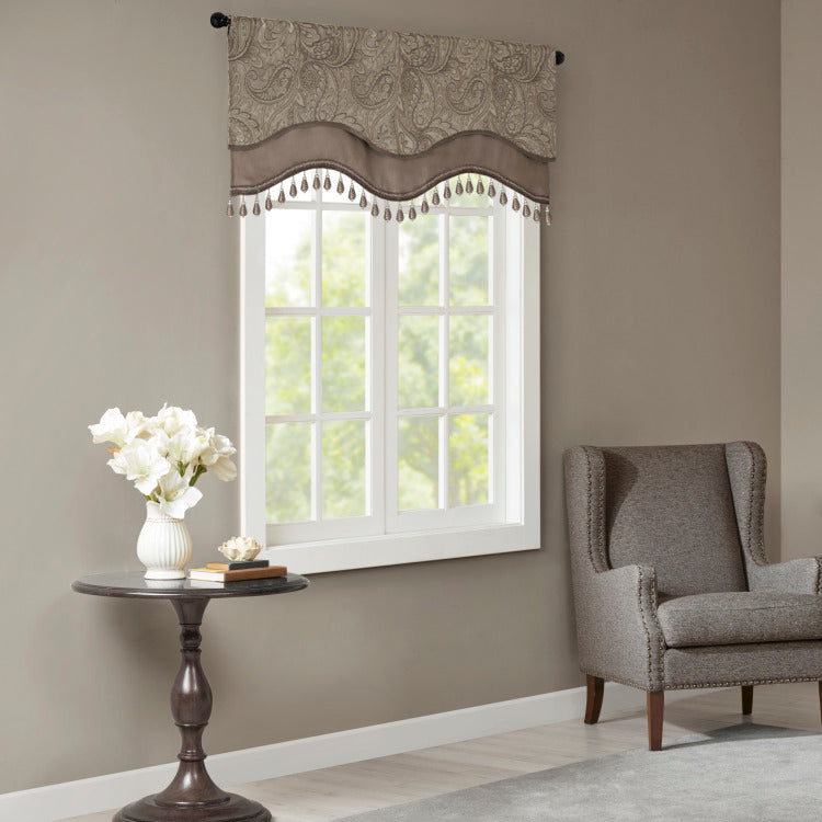 Jacquard Window Rod Pocket Valance With Beads Blue Brown 50X18"