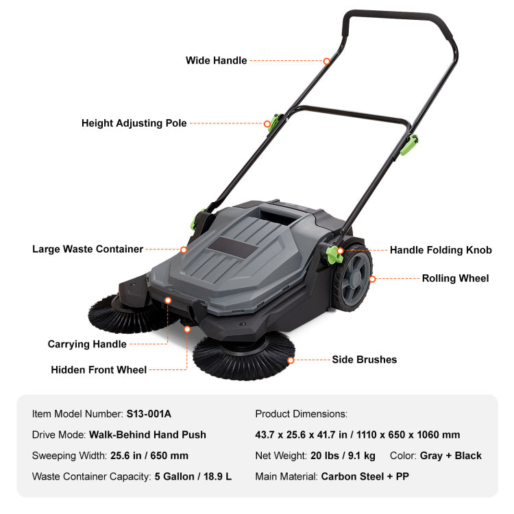 Walk Behind Hand Push Floor Sweeper, 25.6" Sweeping Width Floor Sweeper Manual Non Electric, 5 Gallon Waste Container, Angle & Height Adjustable Folding Handle For Walkway, Yard, Garage, Patio