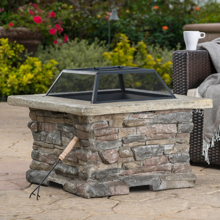 28" Mgo Wood Burning Outdoor Fire Pit With Lid Natural Stone