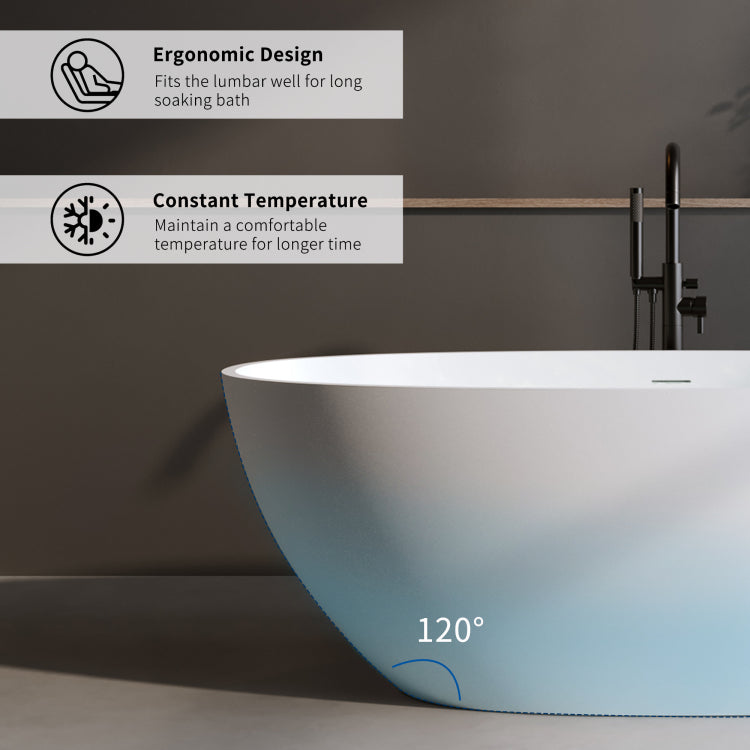 59'' Solid Surface Matte Tub, Solid Surface Soaking Tub, Stone Resin Freestanding Bathtub, Thick Edge Stand Alone Tubs With Overflow, Pop Up Drain, Matte White Oval