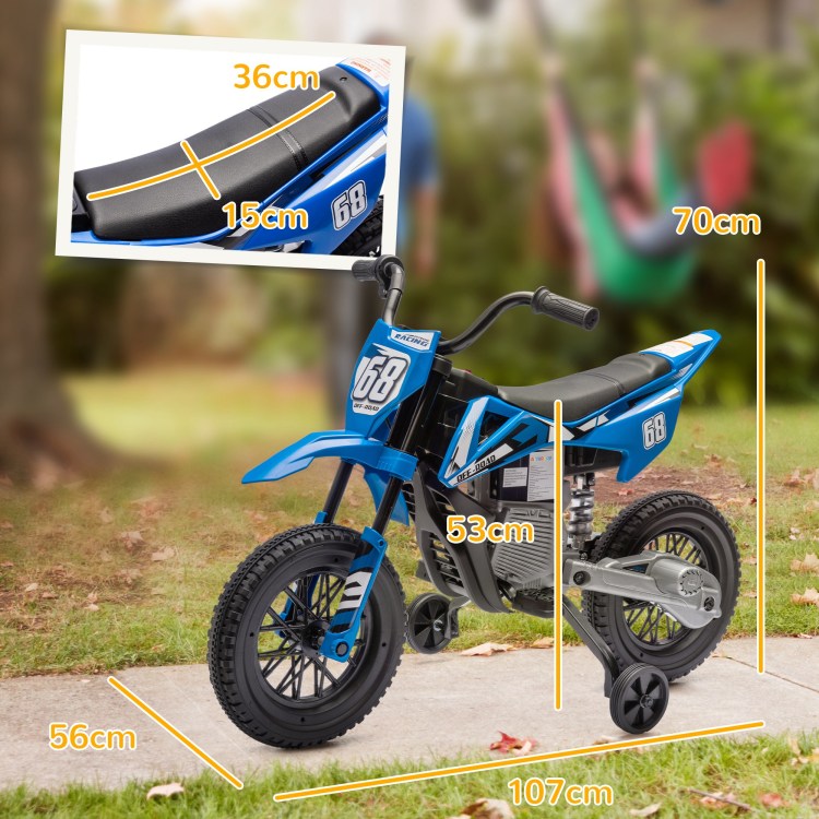 Qaba Kids Dirt Bike With Twist Grip Throttle, 12V Electric Motorcycle, Electric Bike For Toddler With Training Wheels, Rear Suspension & Music, Blue
