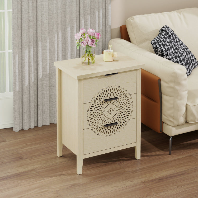 Hollow Carved 3 Drawer Cabinet Dresser Storage Chest With Metal Handles For Living Room Bedroom