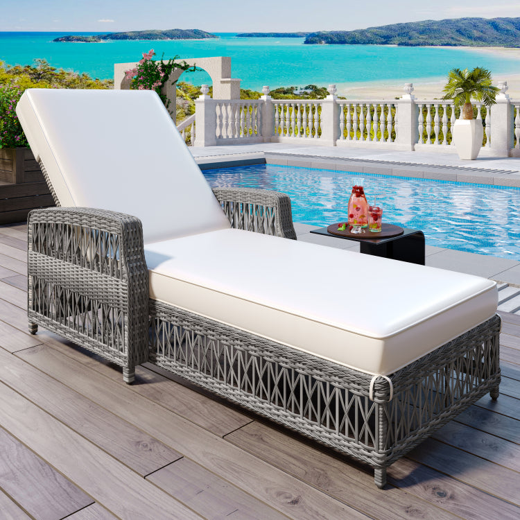 Outdoor Long Reclining Chaise, Wicker Lounge With Armrests, Patio Adjustable Recliner With Soft Removable Cushions, All Weather Rattan Pool Lounge For Poolside & Garden, Beige