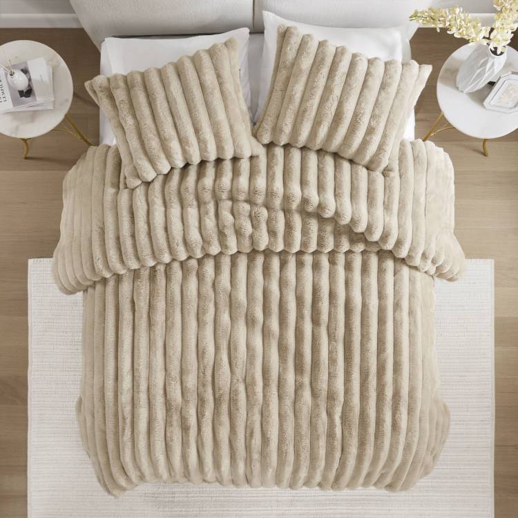 3 Pcs King Soft Faux Fur Ribbed Comforter Set Taupe