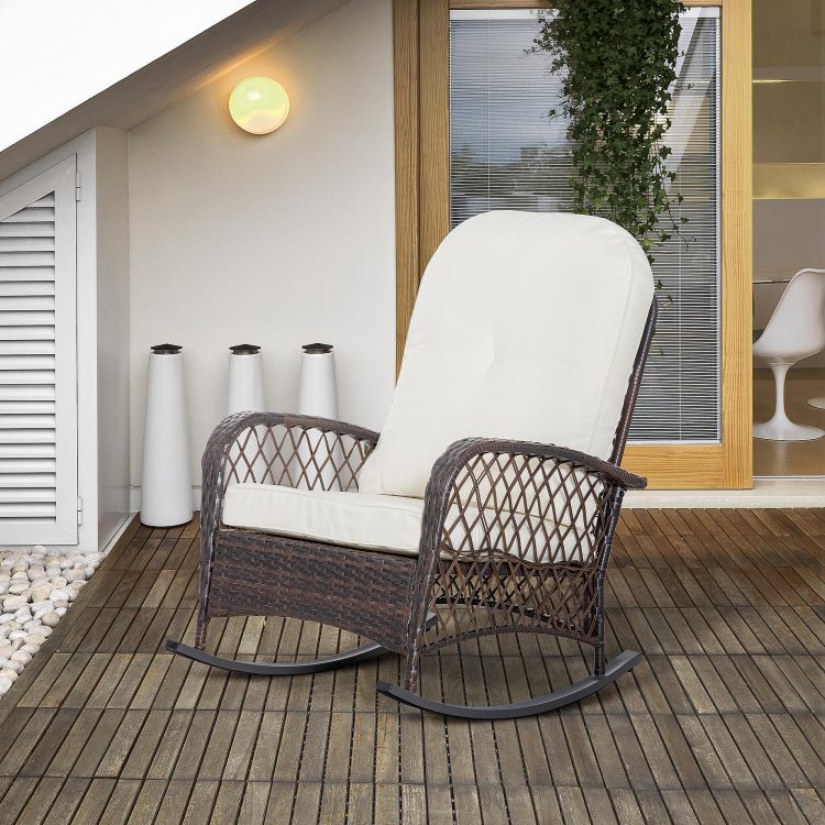 Outsunny Outdoor Wicker Rocking Chair With Wide Seat, Thick, Soft Cushion, Rattan Rocker W Steel Frame, High Weight Capacity For Patio, Garden, Backyard, Cream White