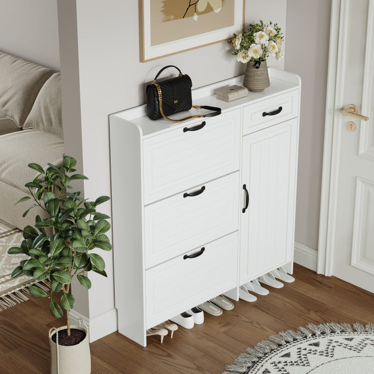White Color Shoe Cabinet With 4 Doors 1 Drawers,Large Space For Storage