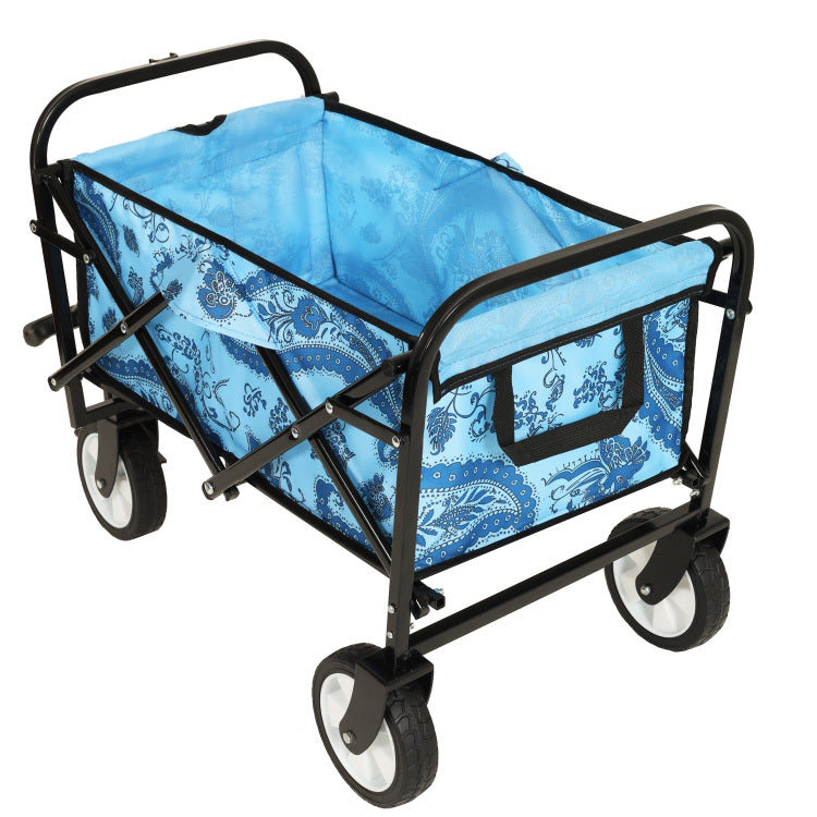 Minimeetall Colorful Collapsible Foldable Wagon Cart With Strapping System, Beach Wagon ,Utility Wagon Grocery Cart Camping Shopping Sports Gardeing Fishing Supports 225Lbs,Flower Blue Light