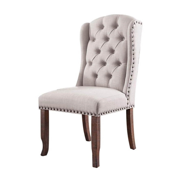 Contemporary Ivory Beige Fabric 2Pcs Side Chairs Tufted Wingback Design Rustic Oak Solidwood Back Dining Chairs Furniture