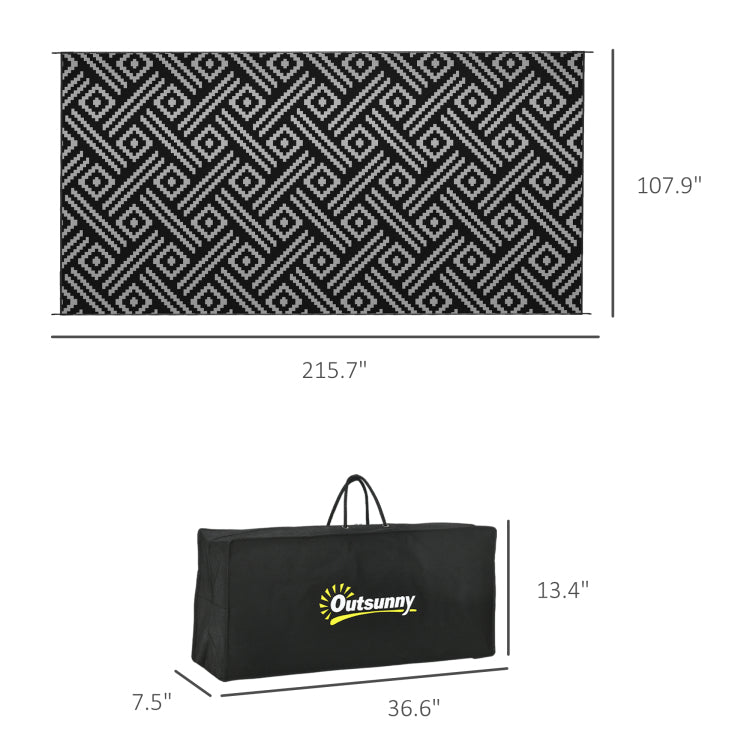 Outsunny Reversible Outdoor Rug, 9' X 18' Waterproof Plastic Straw Floor Mat, Portable Rv Camping Carpet With Carry Bag, Large Floor Mat For Backyard, Deck, Picnic, Beach, Black & Gray Geometric