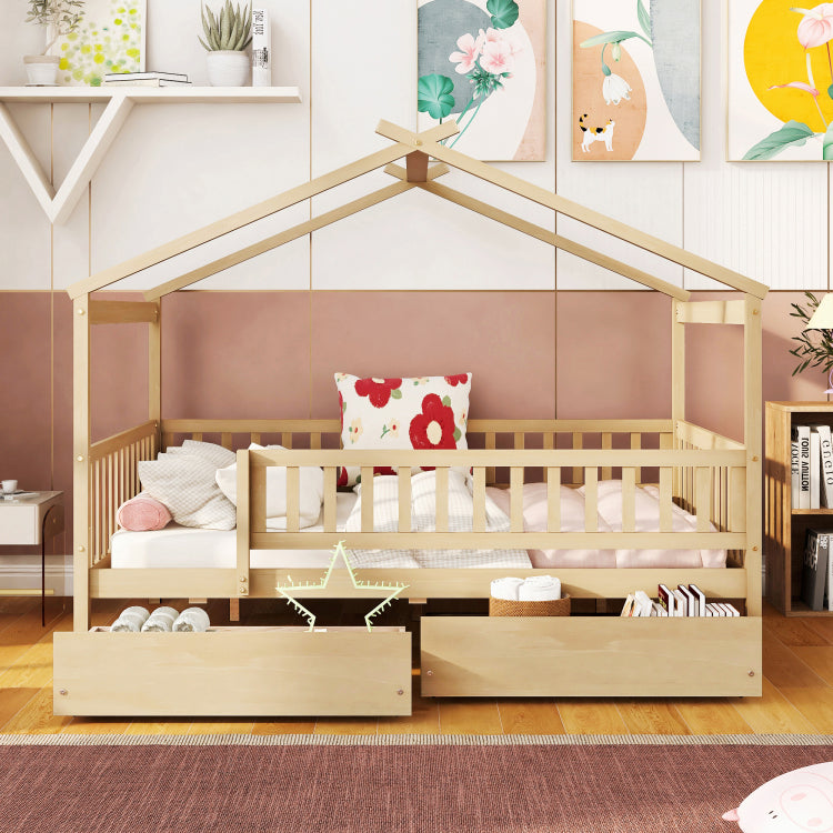 Full Size Wooden House Bed With Two Drawers, Natural
