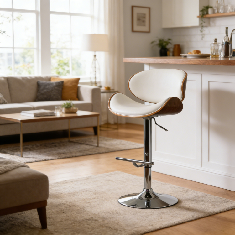 Modern Contemporary Swivel Walnut Bentwood Lift Adjustable Height Bar Stool With Curved Seat And Back White
