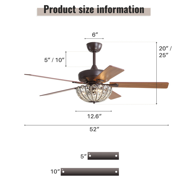 52 Inch Coffee Color With Crystal Light And Remote,With 5 Plywood Blades,Vintage Design,Reversible Dc Motor Bulbs Not Included