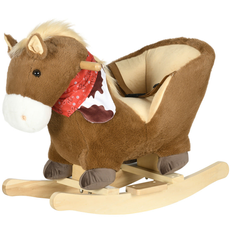 Qaba Baby Rocking Horse, Riding Horse, Plush Animal Rocker With Realistic Sound, Pedals For Ages 18 36 Months, Brown