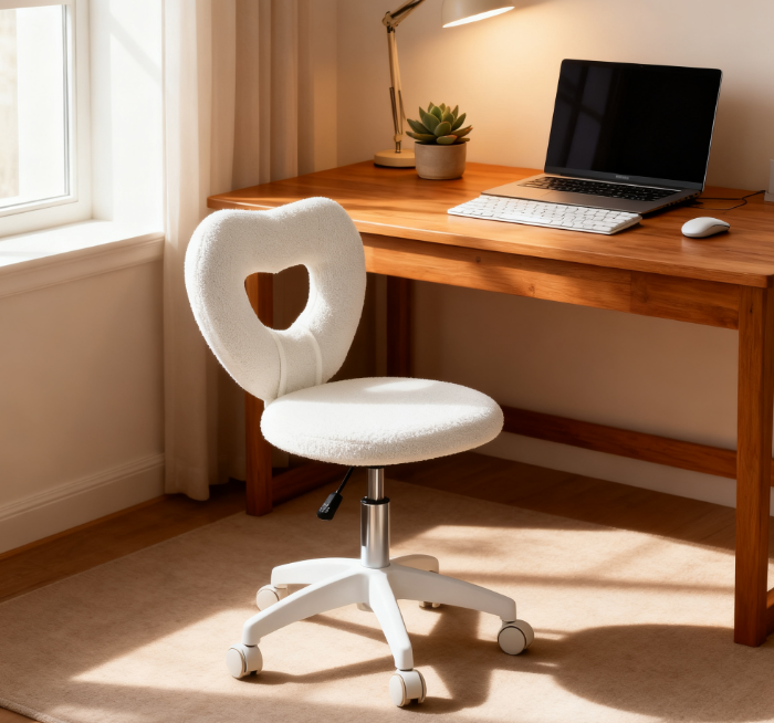 Office Task Chair, Heart Chair With Swivel Wheels, White