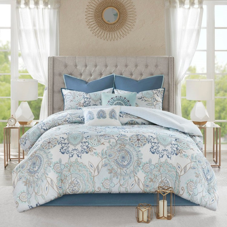 8 Piece Cotton Floral Printed Reversible Comforter Set Blue Queen
