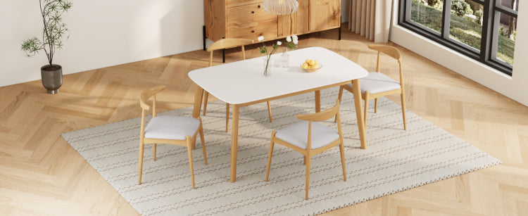 5 Piece Mid Century Modern Dining Set Solid Wood Frame Table 4 Beige Upholstered Chairs, White Oak Beige Same Sku: N759S296907K
