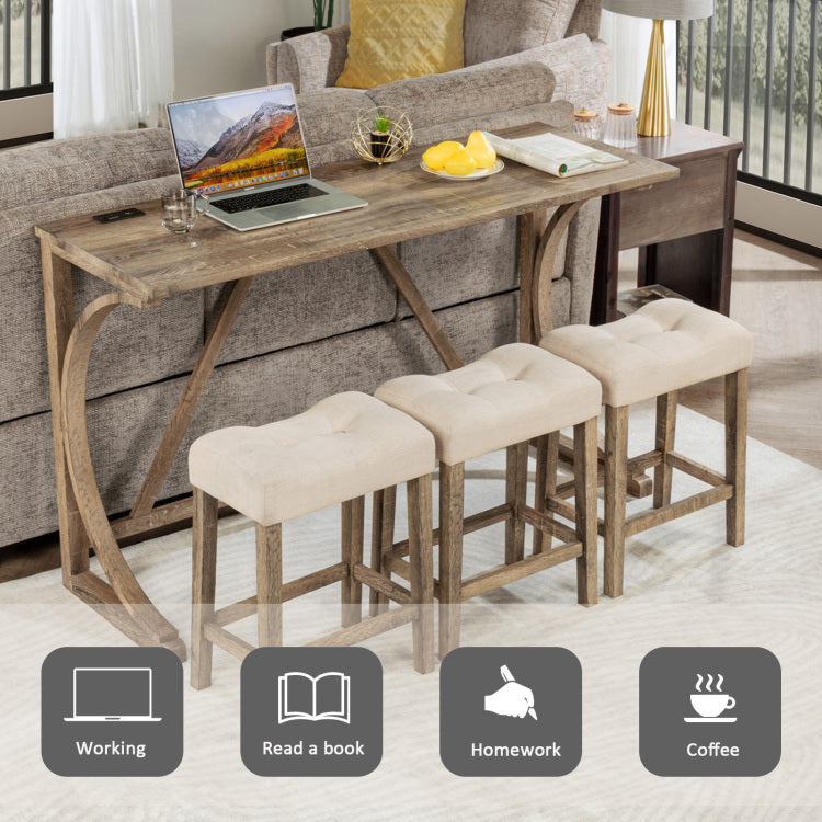 4 Piece Bar Table Set With Power Outlet, Dining Bar Table And Chairs Set,Bar Table Set With 3 Padded Stools For Living Room, Dining Room, Game Room, Brown