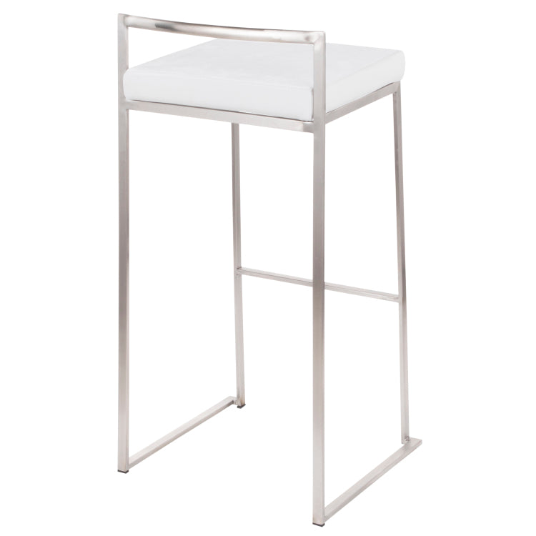 Contemporary Stackable Barstool In Stainless Steel With White Velvet Cushion Set Of 2