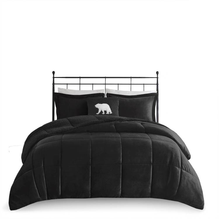 4 Piece Full Queen Plush To Sherpa Down Alternative Comforter Set,Black Black