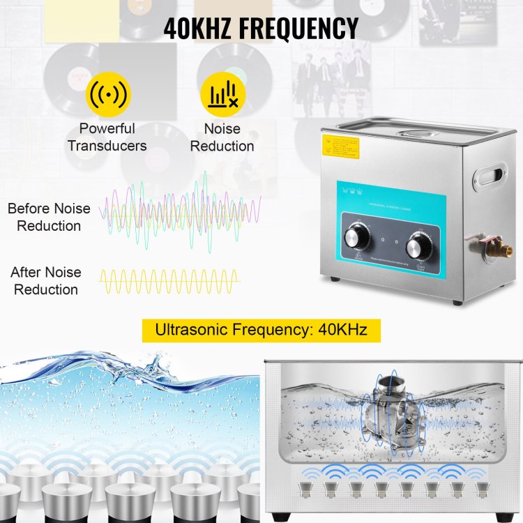 Ultrasonic Vinyl Record Cleaner 6L 40Khz Vinyl Ultrasonic Cleaning Machine Knob Control Record Ultrasonic Cleaner 4 Records Vinyl Sonic Cleaner Stainless Steel Tank W Mechanical Heater & Timer