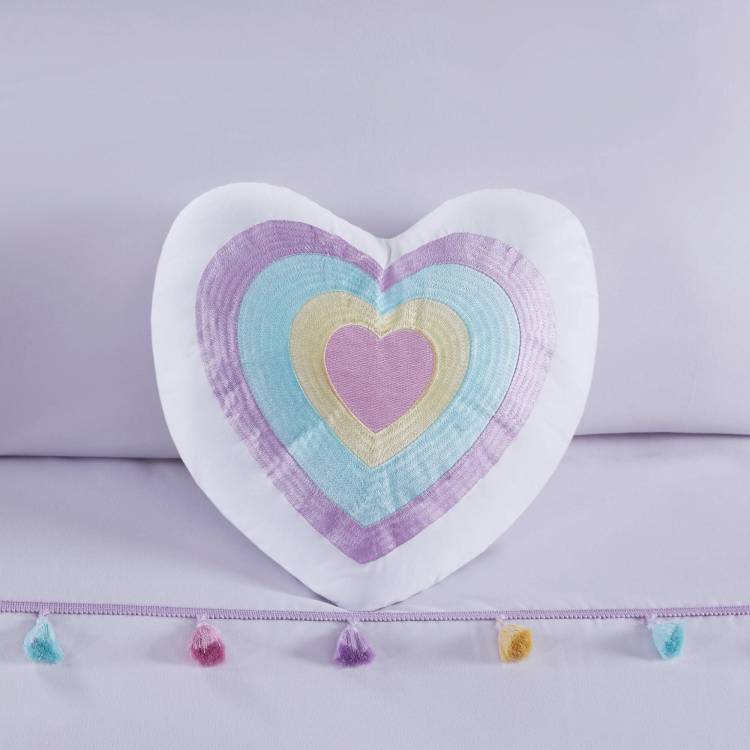 3 Pcs Twin Tassel Comforter Set With Heart Shaped Throw Pillow Lavender