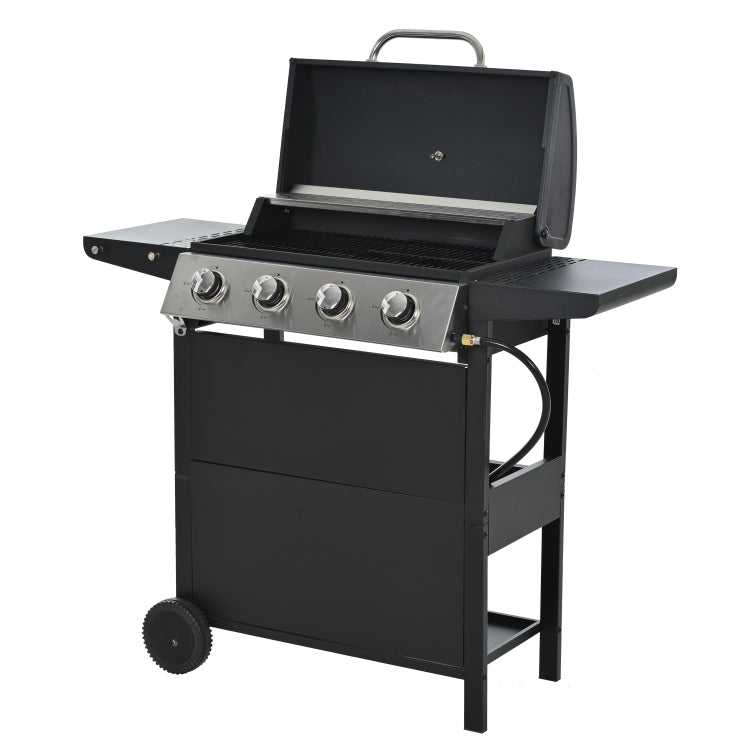 Propane Gas Grill 4 Burner Barbecue Grill, Stainless Steel 34,000 Btu Patio Garden Barbecue Grill With Two Shelves, Lid, Wheels And Bottle Opener