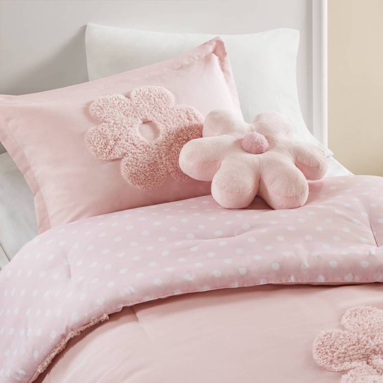 3 Piece Twin Floral Reversible Tufted Chenille Comforter Set With Flower Throw Pillow,Pink