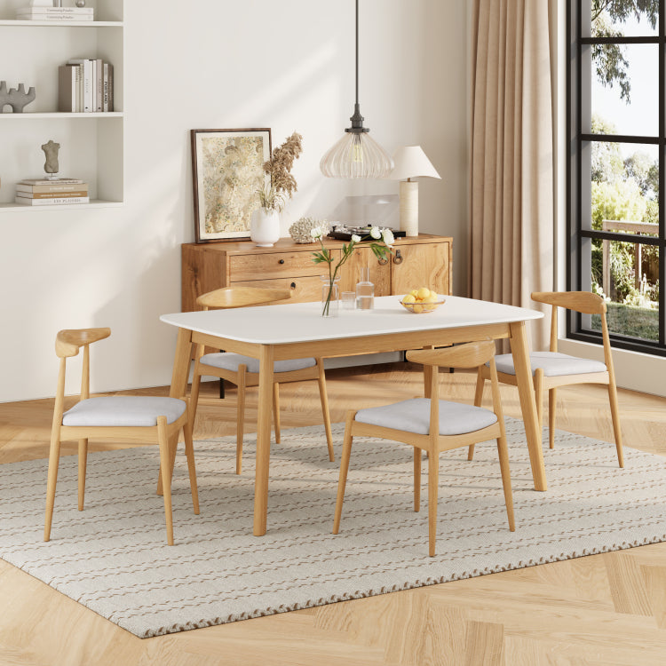 5 Piece Mid Century Modern Dining Set Solid Wood Frame Table 4 Beige Upholstered Chairs, White Oak Beige Same Sku: N759S296907K