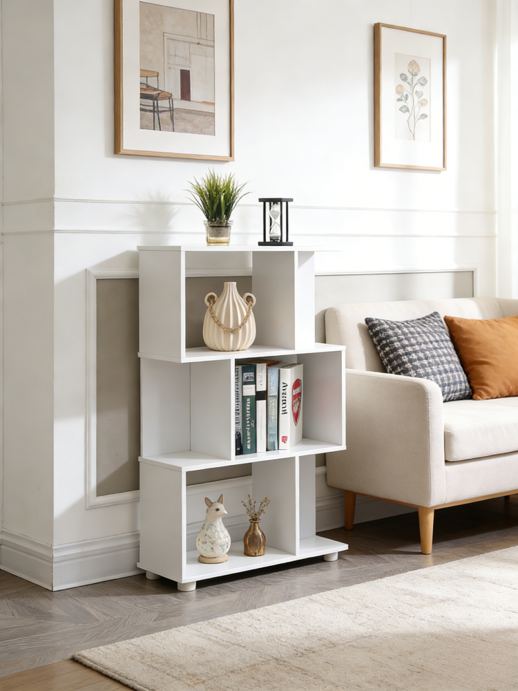 Modern Staggered 3 Shelf Manor Bookcase, White