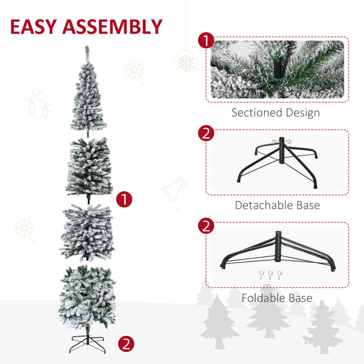 Homcom 9' Tall Unlit Snow Flocked Slim Artificial Christmas Tree With Realistic Branches And 1014 Tips
