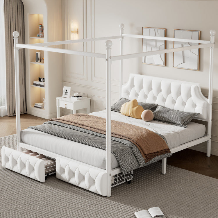 Queen Size Metal Canopy Platform Bed With Upholstered Headboard And Two Storage Drawers, White