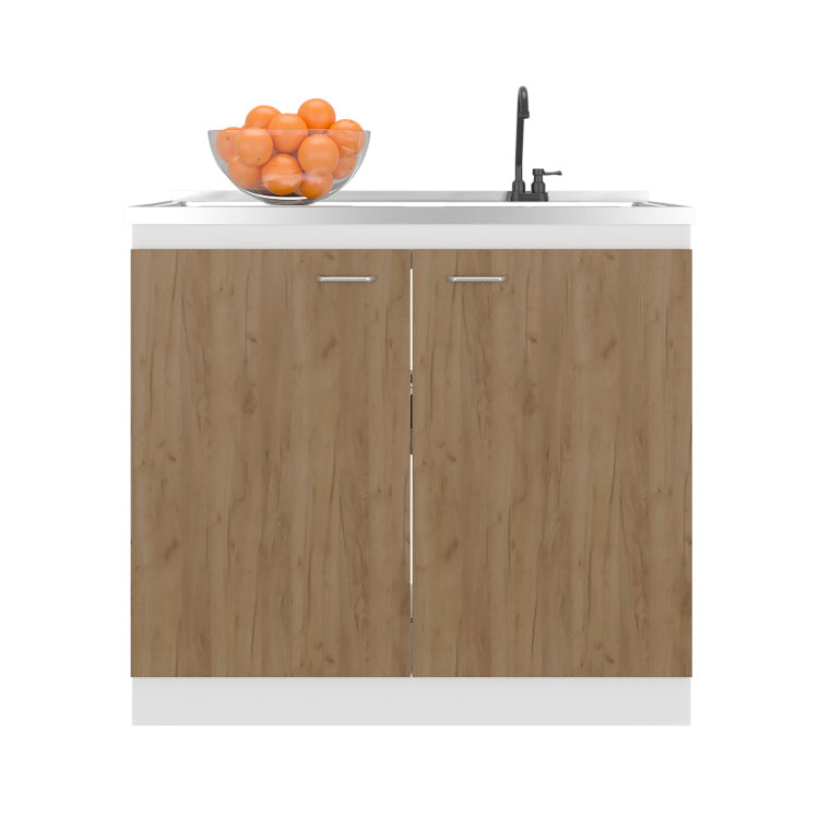 Napoles Utility Sink With Faucet Inclued And Integrated Stainless Steel Counter Top, Freestanding Cabinet With Two Doors, Metal Handles And Two Interior Shelves, Natural White